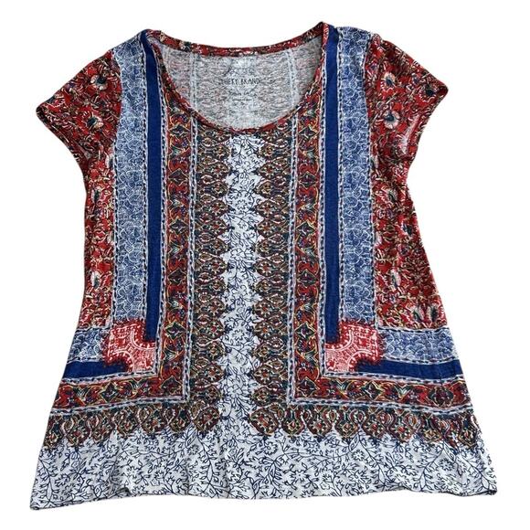 Lucky Brand Boho Top Size Small Short Sleeve Colorful Bohemian Blouse Scoop Neck - Picture 6 of 6